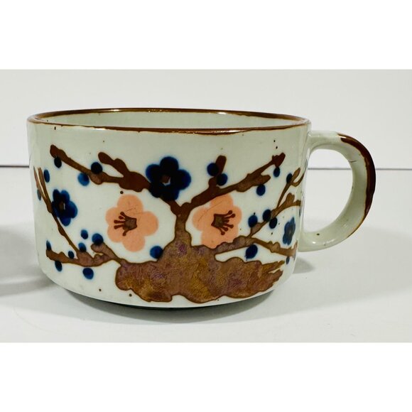 Vintage Korean Ceramic Stoneware Soup Mugs Floral Design Hand-Painted Brown & Wh - Picture 10 of 15